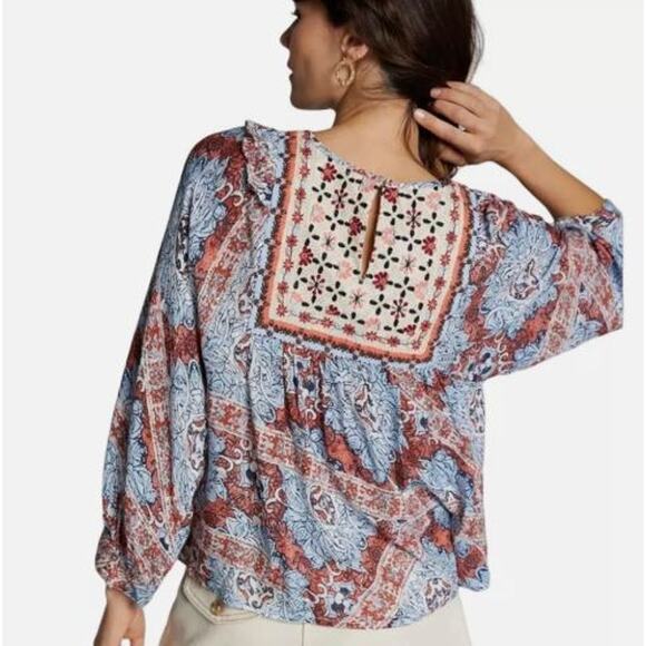 Anthro See Worn Kept Embroidered Blouse Womens Medium Blue Peasant Minuet Tops - Picture 2 of 11